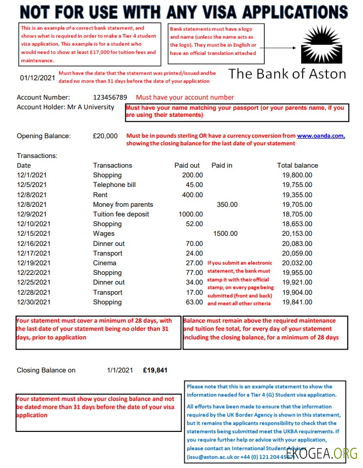 Royaume Uni Modèle de relevé bancaire de la Bank of Aston au format Excel et PDF